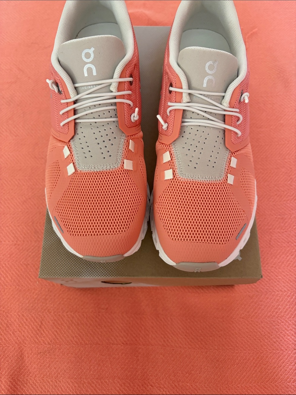 On Running Coral and Light Gray Cloud Sneakers - Picture 4 of 4